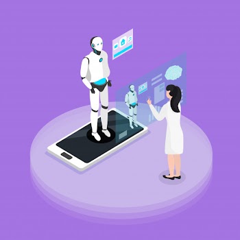 Human robot interaction experience with programmable platform isometric background composition with humanoid on smartphone screen Free Vector