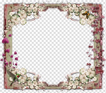Hummingbird and Butterfly, white and multicolored floral frame illustration transparent background PNG clipart