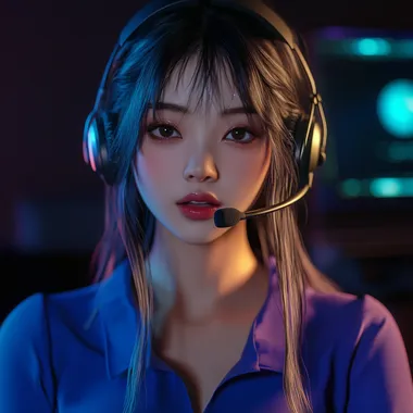 Hyper-Realistic Asian E-Girl Streaming in Blue Shirt with Headset Hyper-Realistic Asian E-Girl Streaming in Blue Shirt with Headset