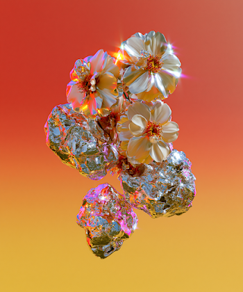 Hyper-Realistic Chrome Flowers Nestled in Abstract Rocks
