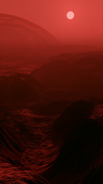 Hyperrealistic Mars Landscape: Red Atmosphere and Mountains