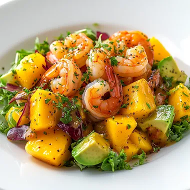 Hyperrealistic Shrimp, Mango, and Avocado Salad on White Plate Hyperrealistic Shrimp, Mango, and Avocado Salad on White Plate