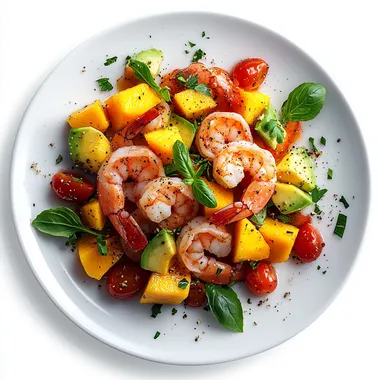Hyperrealistic Shrimp, Mango, and Avocado Salad on White Plate Hyperrealistic Shrimp, Mango, and Avocado Salad on White Plate