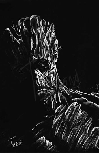 I Am Groot!" - 12x12 white charcoal on black paper. | Artwork in ...