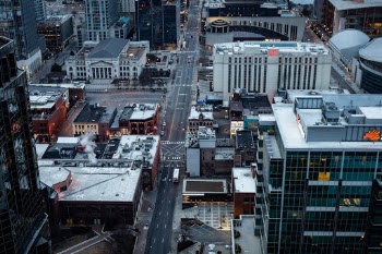 I got the rare opportunity to shoot from one of the tallest buildings in the city of Nashville at sunrise. This photo I got with a Canon 50mm Tilt Shift lens, which makes the buildings and cars below look more like toys than real. It was a fantastic experience.