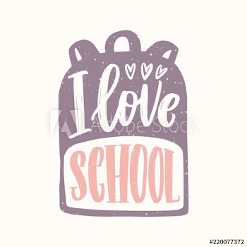 I Love School message written with cursive calligraphic font on backpack