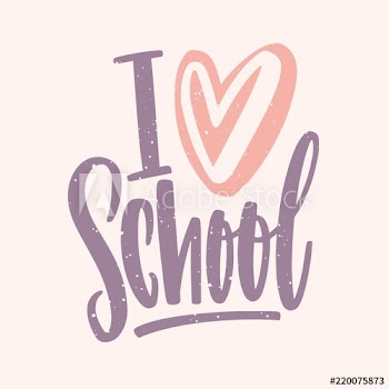 I Love School slogan handwritten with colored cursive font and decorated by heart