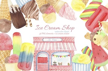 Ice Cream Popsicle Clipart. Watercolor Ice Cream Shop.
