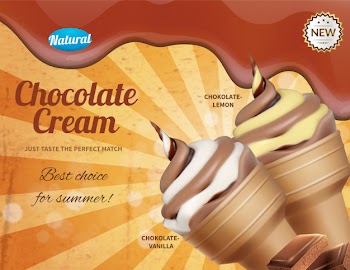 Ice cream realistic advertising composition with portions of icecream cornet and ornate text available for editing illustration Free Vector