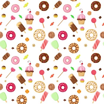 Ice cream sweet dessert donut cookie pattern seamless background vector texture abstract. Candyshop confectioner candy shop paper wrapping template. Patterns collection.