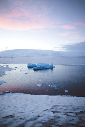 iceberg floating on water under blue and pink sky