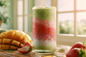 Iced Matcha Latte with Strawberry Puree and Mango Accents