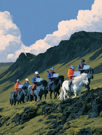 Icelandic Horses in the Highlands with Diverse Riders Using Laptops