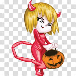 Icons Halloween, _, female wearing evil costume holding Jack-o'-lantern bucket transparent background PNG clipart