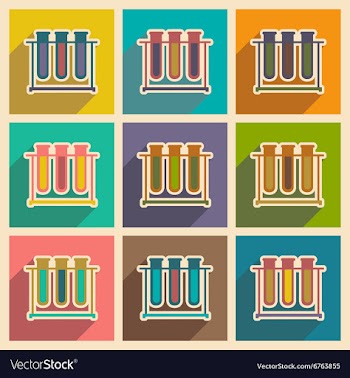 Icons of assembly flasks for analysis in flat vector image