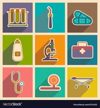 Icons of medical instruments and medicament in vector image