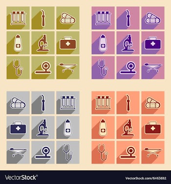 Icons of medical instruments and medicament in vector image