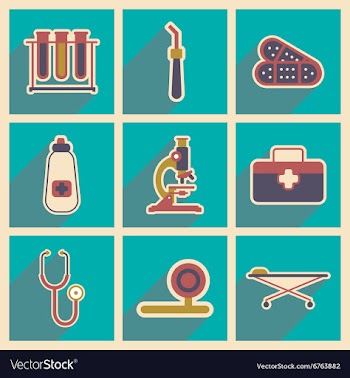 Icons of medical instruments and medicament in vector image