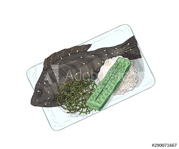 Ikan bakar on plate hand drawn vector illustration