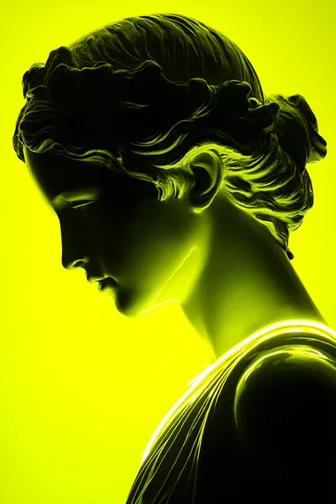 Illuminated Roman Goddess Statue on Neon Yellow Background Illuminated Roman Goddess Statue on Neon Yellow Background