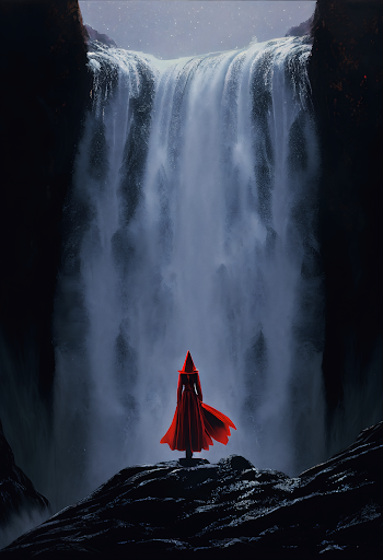 Illustration of a woman in fairy red dress standing under high waterfall,vertical shot