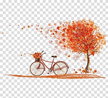 Illustration of bicycle near a tree, Bicycle Autumn leaf color Cycling, Autumn maple leaves transparent background PNG clipart