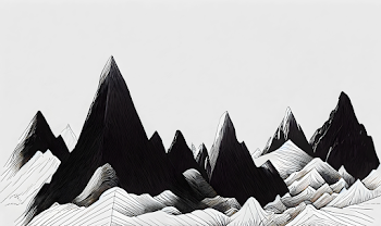 Illustration of black and white sketches of rocky mountains in a plain background