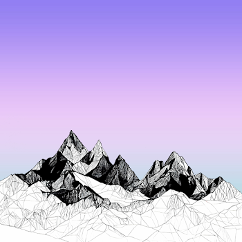 Illustration of black and white sketches of rocky mountains on the brightly-colored background