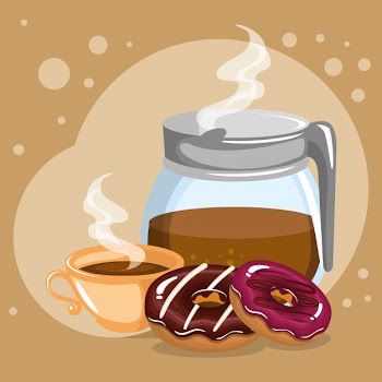 Illustration of delicious coffee in teapot and donuts Free Vector