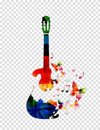 Illustration of fading multicolored guitar with butterflies and flowers, Acoustic guitar Music Electric guitar, Colorful guitar transparent background PNG clipart