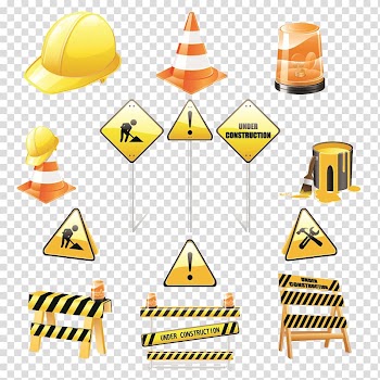 Illustration of hard hat, traffic cone, signages, and beacon light, Architectural engineering Icon, Safety signs road construction material transparent background PNG clipart