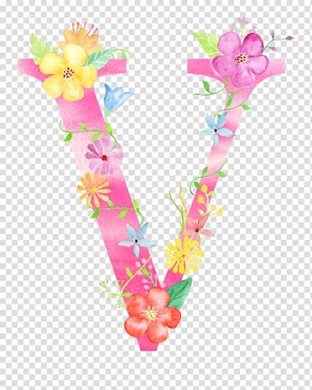 Illustration of pink floral letter V, Letter V Poster, Flowers letter V transparent background PNG clipart