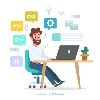 Illustration of programmer working at his desk Free Vector