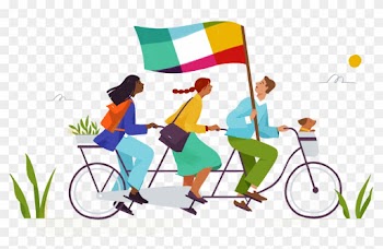 Illustration Of Three People Riding On A Tandem Bicycle - Alice Lee Illustration