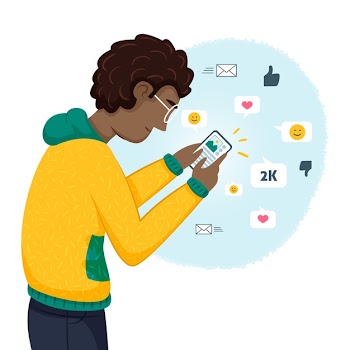 Illustration with person addicted to social media Free Vector