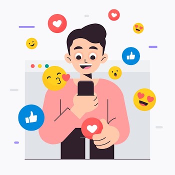 Illustration with person addicted to social media Free Vector