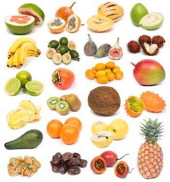 image set of fresh ripe exotic fruits on white background