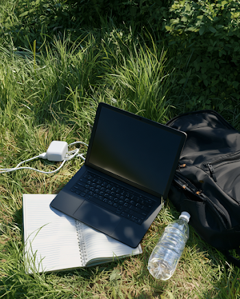 Improvised Outdoor Workspace with Laptop and Notebook