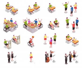 Inclusive education isometric icons set with disabled people in different situations at school isolated on white  3d Free Vector