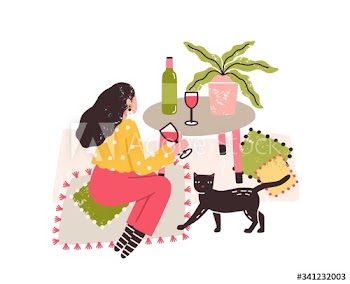 Independent girl drink wine alone sitting on floor at table vector flat illustration