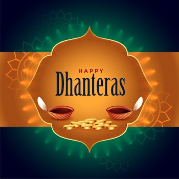 Indian dhanteras festival card with diya and golden coins Free Vector