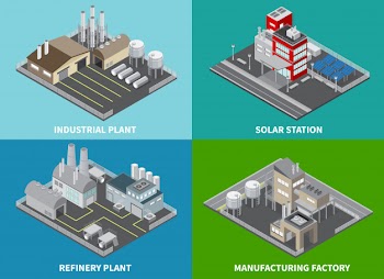 Industrial buildings concept icons set with refinery plant and solar station isometric isolated Free Vector