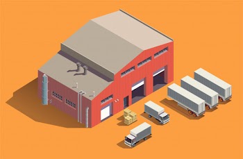 Industrial buildings isometric composition with fabric storage shed and set of trucks with containers and boxes Free Vector