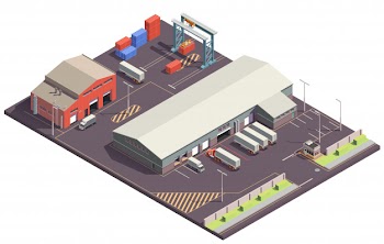 Industrial buildings isometric composition with parking lot cargo handling garages trucks and containers with crane manipulators Free Vector
