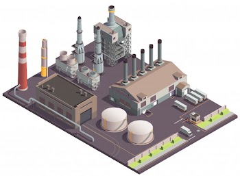 Industrial buildings isometric composition with plant area scenery factory facilities huge fabric buildings and transport units Free Vector