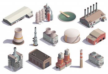 Industrial buildings isometric icons set with isolated images of factory facilities for different purposes with shadows Free Vector