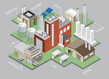 Industrial buildings isometric infographic set with factory and warehouse Free Vector