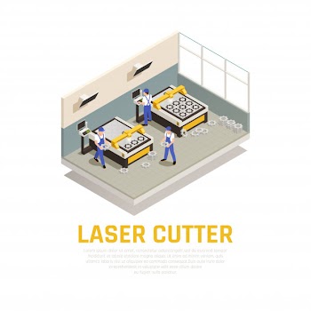 Industrial machinery composition with laser cutter symbols isometric Free Vector