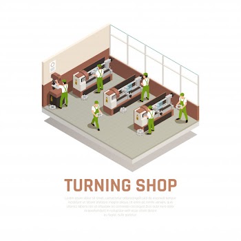 Industrial machinery concept with turning shop symbols isometric Free Vector
