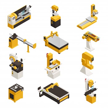 Industrial machinery icons set with technology symbols isometric isolated Free Vector
